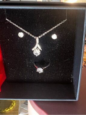 Silver Tone Cubic Zirconia Necklace, Earrings & Ring Set